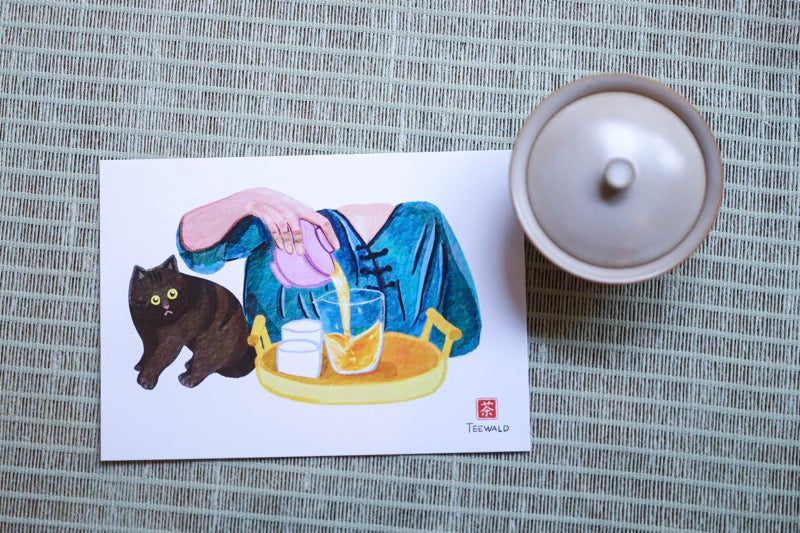 TEEWALD Tee Postkarte Cat on Tea Table